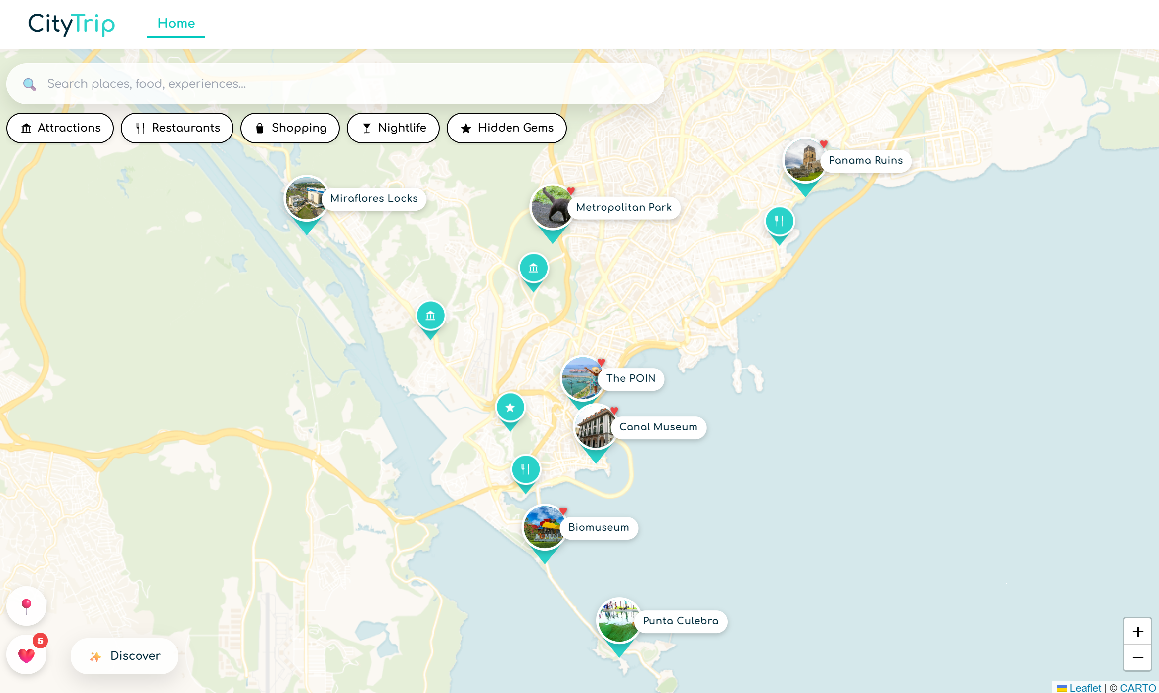 CityTrip's City Map showing curated pins for Old Town, Casa Casco, Biomuseum and Punta Culebra in Panama City